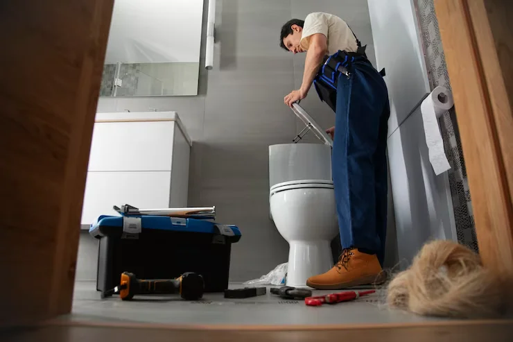 Technician checking toilet base and bathroom plumbing connections