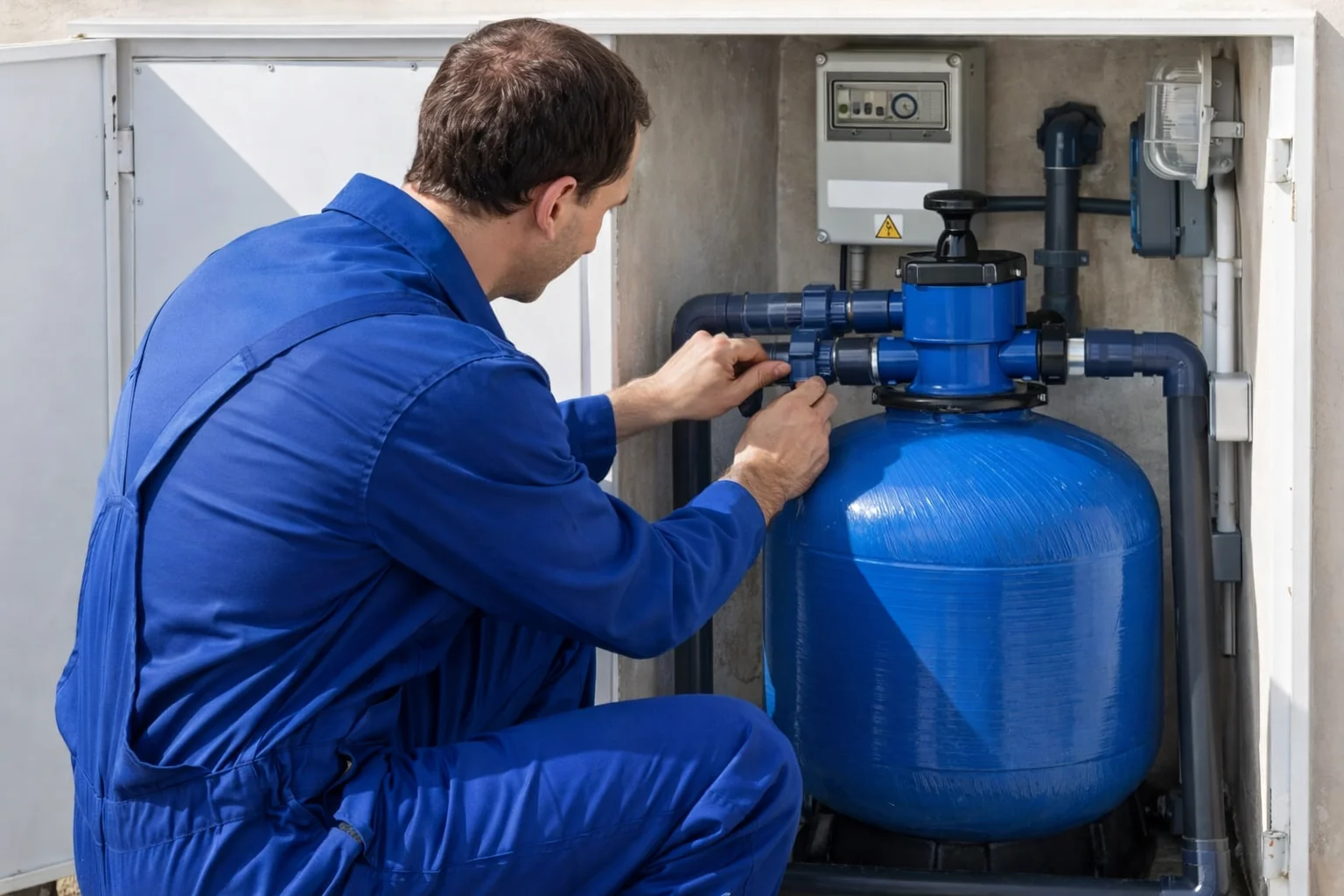 Technician reviewing whether a well pump needs repair or replacement