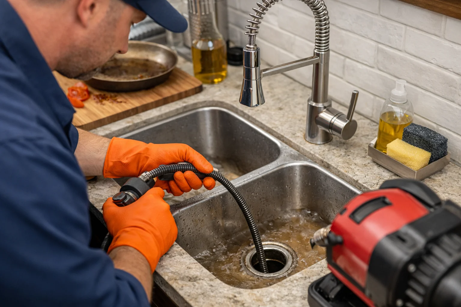Plumber inspecting a clogged drain line and clearing a backup