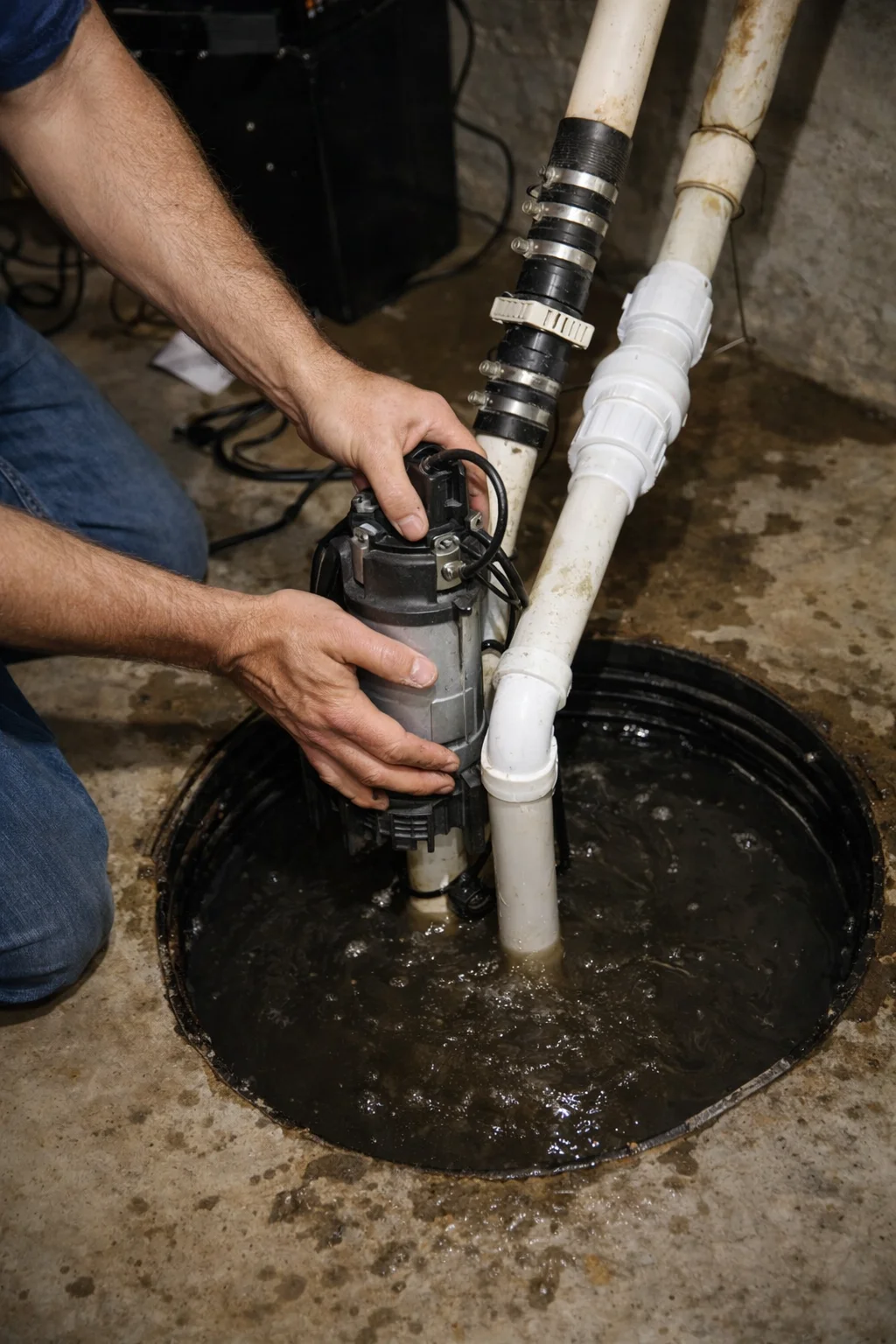 Plumber inspecting sump pump components and discharge line